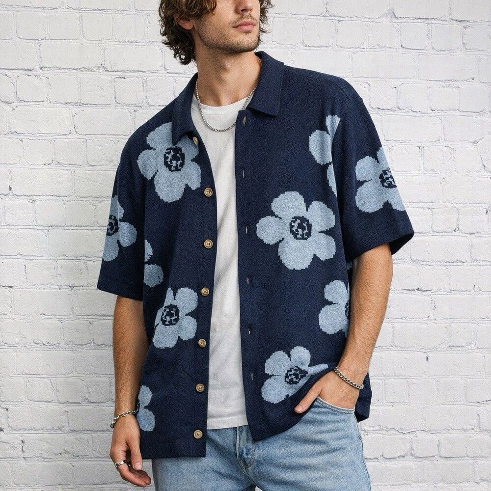 Art of Rhetoric Floral Knit Button Up Shirt Men XL Blue Avant Garde Streetwear
